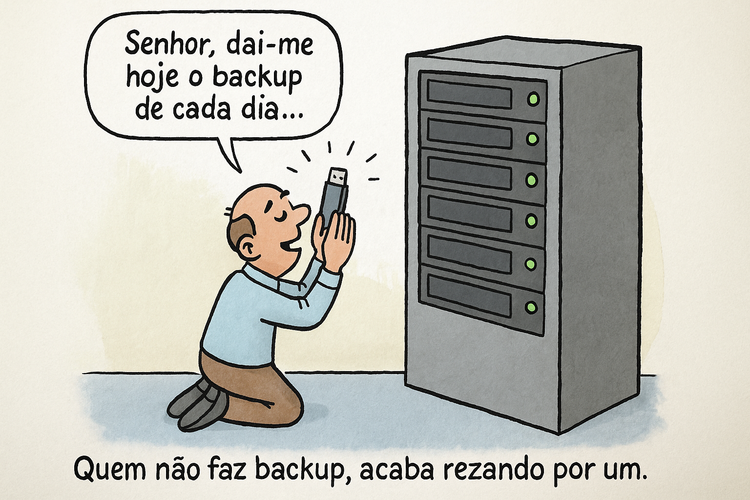 Um profissional ajoelhado em frente ao servidor com um pendrive nas mãos como se fosse um artefato sagrado.