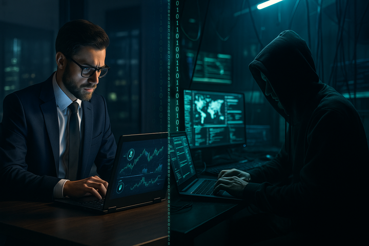 um homem executivo de um lado da imagem e outro hacker do outro lado
